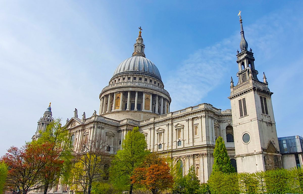 Low angle view of Saint Pauls’s Cathedral, an Anglican cathedral in London, United Kingdom